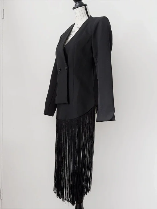 Black asymmetric blazer with fringe, size S - Picture 2 of 6